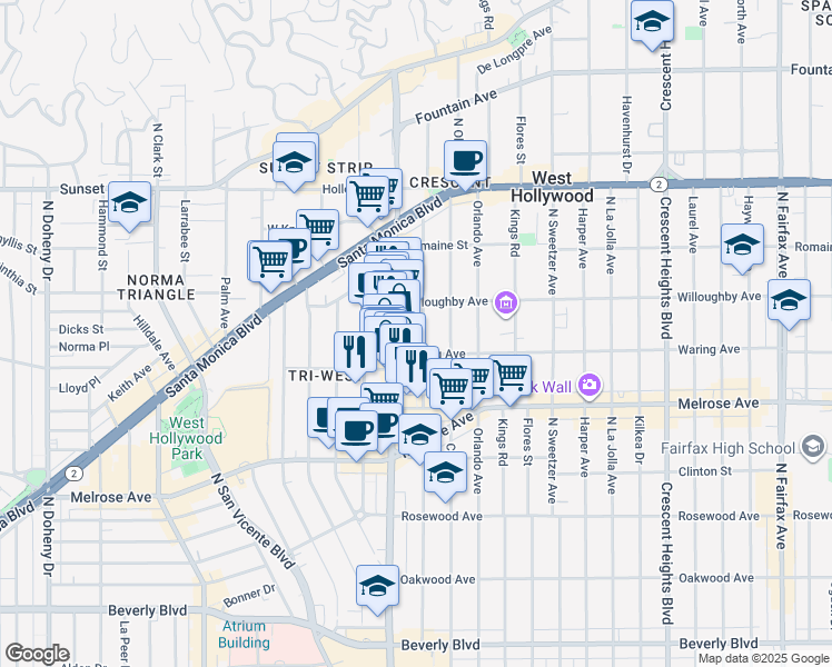 map of restaurants, bars, coffee shops, grocery stores, and more near 821 North Alfred Street in Los Angeles