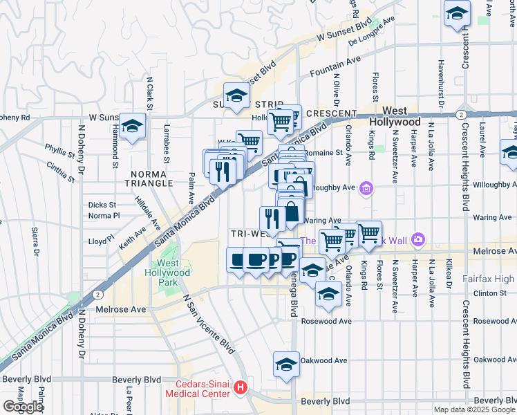 map of restaurants, bars, coffee shops, grocery stores, and more near 840 Westmount Drive in West Hollywood