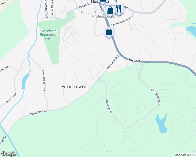 map of restaurants, bars, coffee shops, grocery stores, and more near 300 Peachtree Road in Hoschton