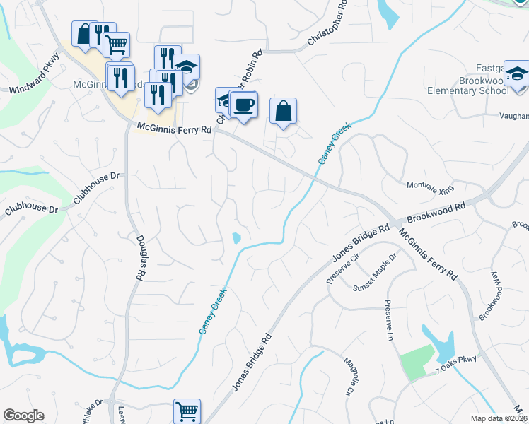 map of restaurants, bars, coffee shops, grocery stores, and more near 175 Vicarage Court in Alpharetta