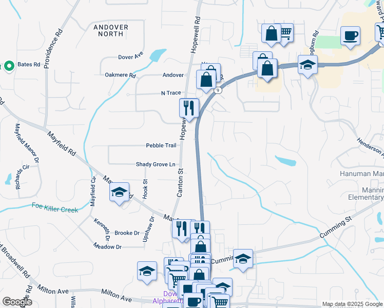 map of restaurants, bars, coffee shops, grocery stores, and more near 294 North Main Street in Alpharetta