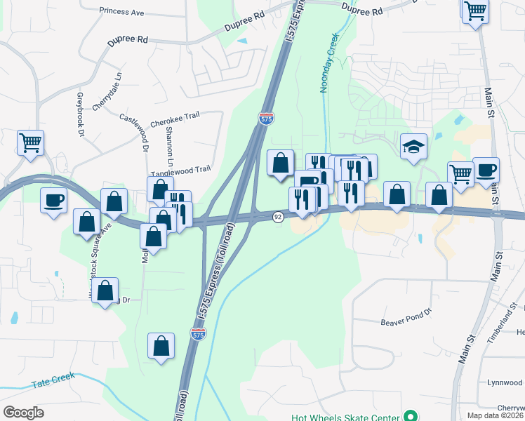 map of restaurants, bars, coffee shops, grocery stores, and more near Highway 92 in Woodstock