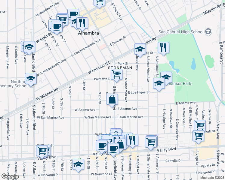 map of restaurants, bars, coffee shops, grocery stores, and more near 835 South Garfield Avenue in Alhambra