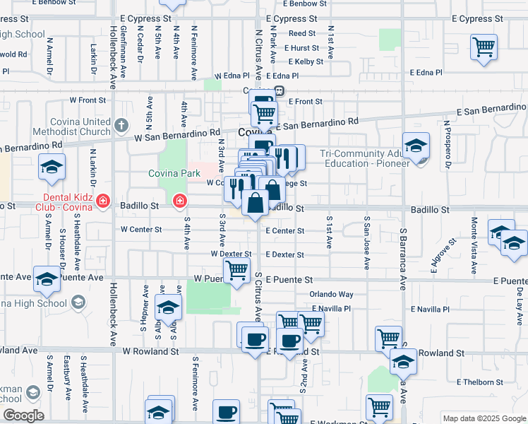 map of restaurants, bars, coffee shops, grocery stores, and more near 116 East Badillo Street in Covina