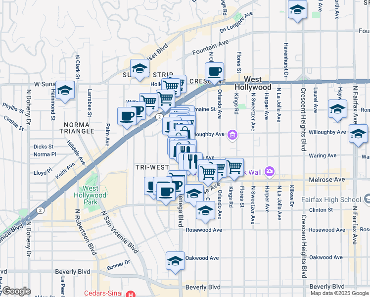 map of restaurants, bars, coffee shops, grocery stores, and more near 821 North Alfred Street in Los Angeles