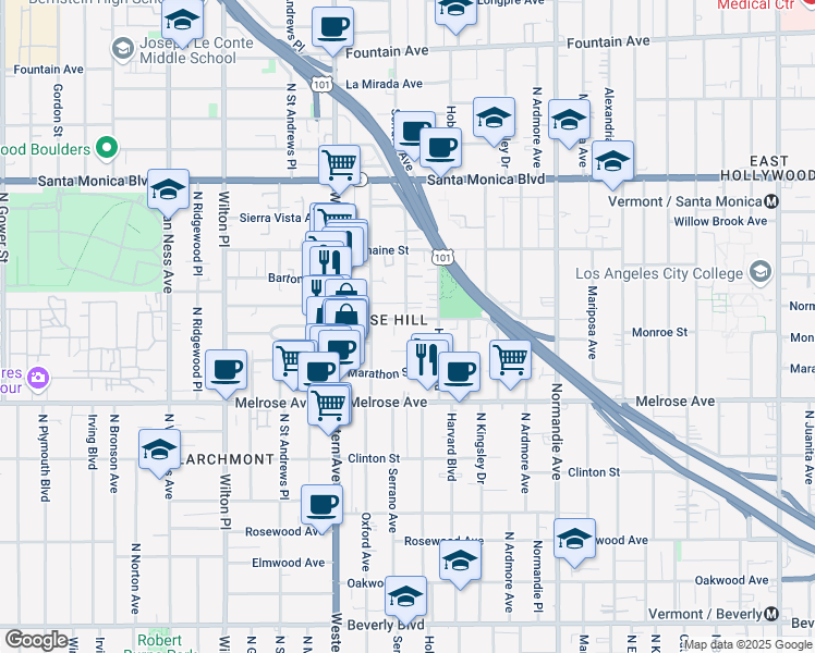 map of restaurants, bars, coffee shops, grocery stores, and more near 5034 Lemon Grove Avenue in Los Angeles