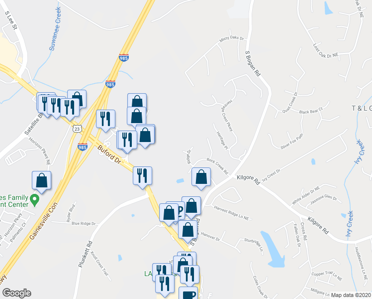 map of restaurants, bars, coffee shops, grocery stores, and more near 3728 Ridge Drive in Buford