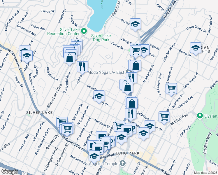 map of restaurants, bars, coffee shops, grocery stores, and more near 1633 Waterloo Street in Los Angeles