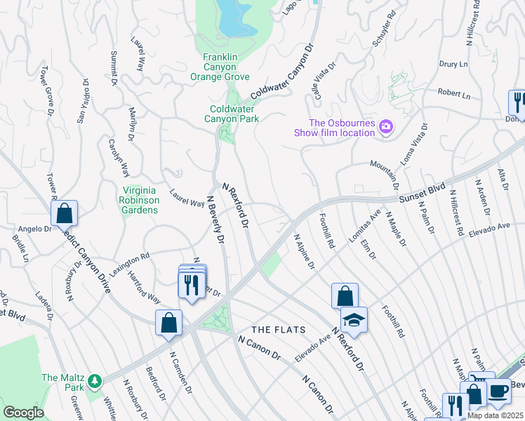 map of restaurants, bars, coffee shops, grocery stores, and more near 1008 Lexington Road in Beverly Hills