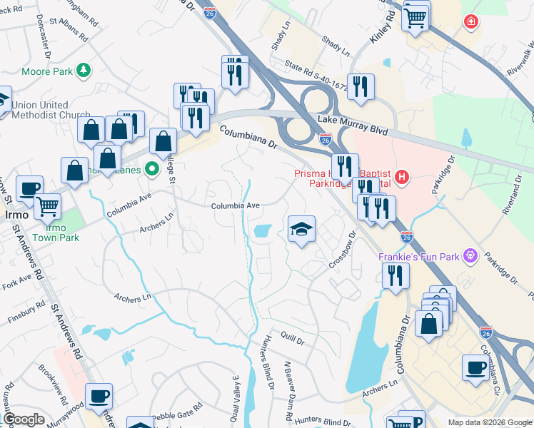 map of restaurants, bars, coffee shops, grocery stores, and more near 109 Wandering Brook Road in Irmo