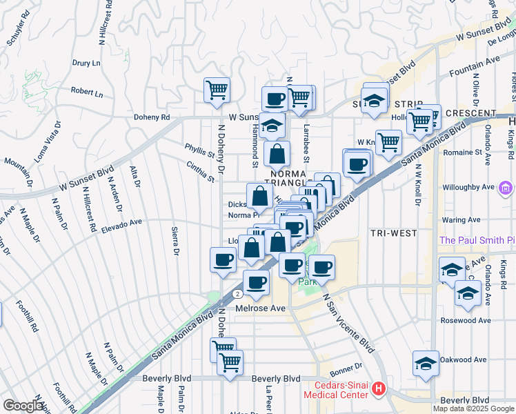 map of restaurants, bars, coffee shops, grocery stores, and more near 8968 Dicks Street in West Hollywood