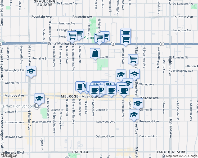 map of restaurants, bars, coffee shops, grocery stores, and more near 823 North Fuller Avenue in Los Angeles