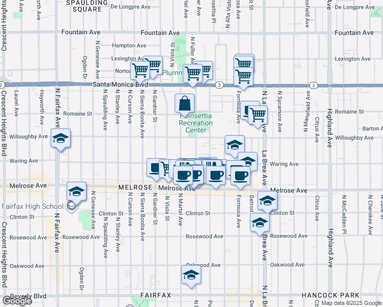 map of restaurants, bars, coffee shops, grocery stores, and more near 823 North Fuller Avenue in Los Angeles