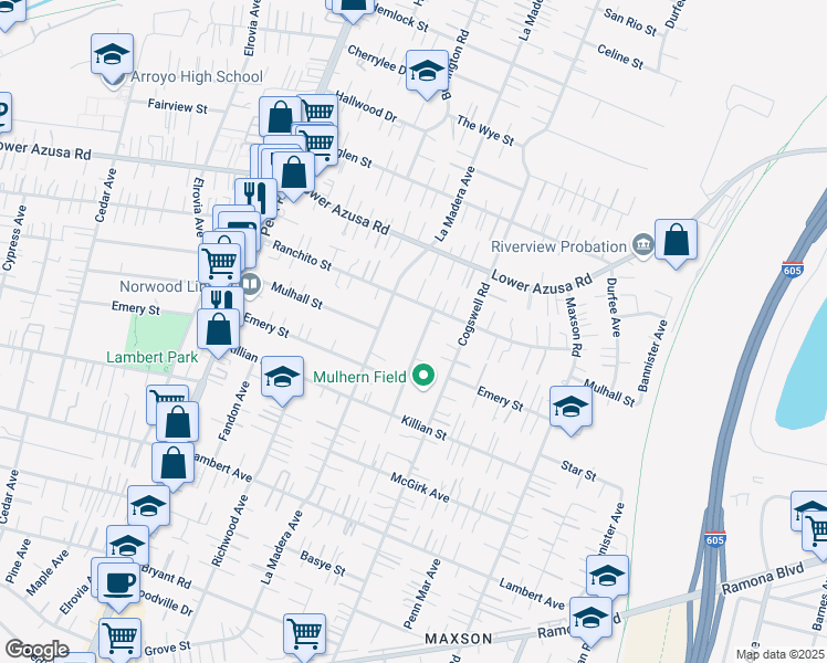 map of restaurants, bars, coffee shops, grocery stores, and more near 4635 Whistler Avenue in El Monte