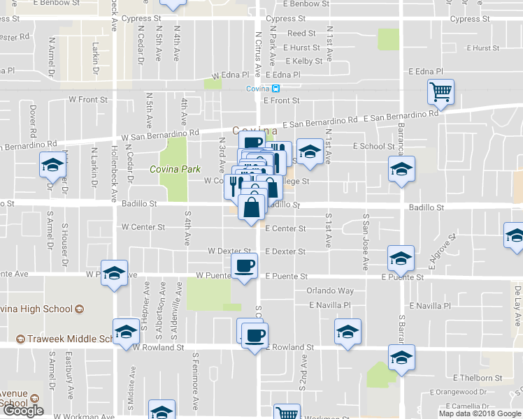 map of restaurants, bars, coffee shops, grocery stores, and more near 100 South Citrus Avenue in Covina