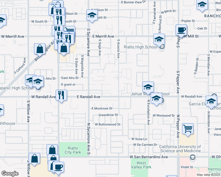 map of restaurants, bars, coffee shops, grocery stores, and more near 446 East Fromer Street in Rialto