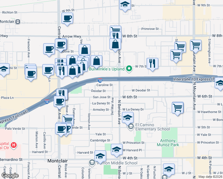 map of restaurants, bars, coffee shops, grocery stores, and more near 5646 Deodar Street in Montclair