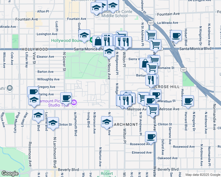 map of restaurants, bars, coffee shops, grocery stores, and more near 818 North Van Ness Avenue in Los Angeles