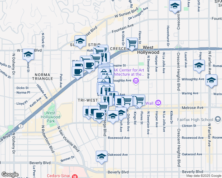 map of restaurants, bars, coffee shops, grocery stores, and more near 821 North Alfred Street in Los Angeles