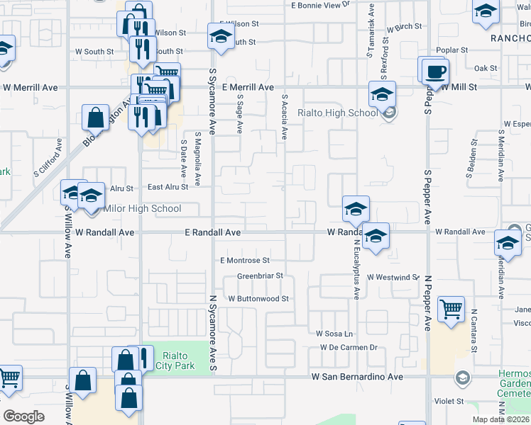 map of restaurants, bars, coffee shops, grocery stores, and more near 446 East Fromer Street in Rialto
