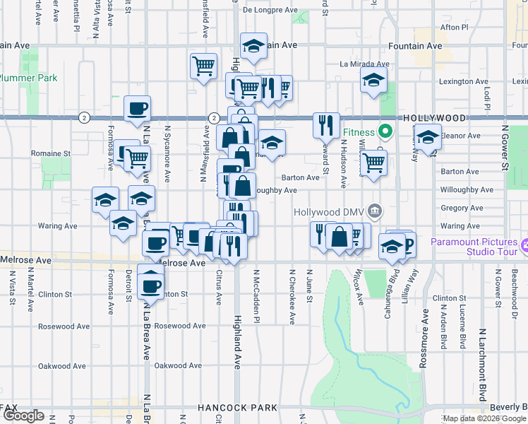 map of restaurants, bars, coffee shops, grocery stores, and more near 827 North Las Palmas Avenue in Los Angeles