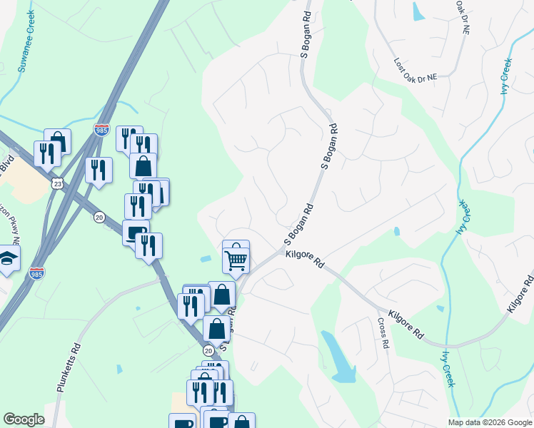 map of restaurants, bars, coffee shops, grocery stores, and more near 3752 Heritage Place in Buford