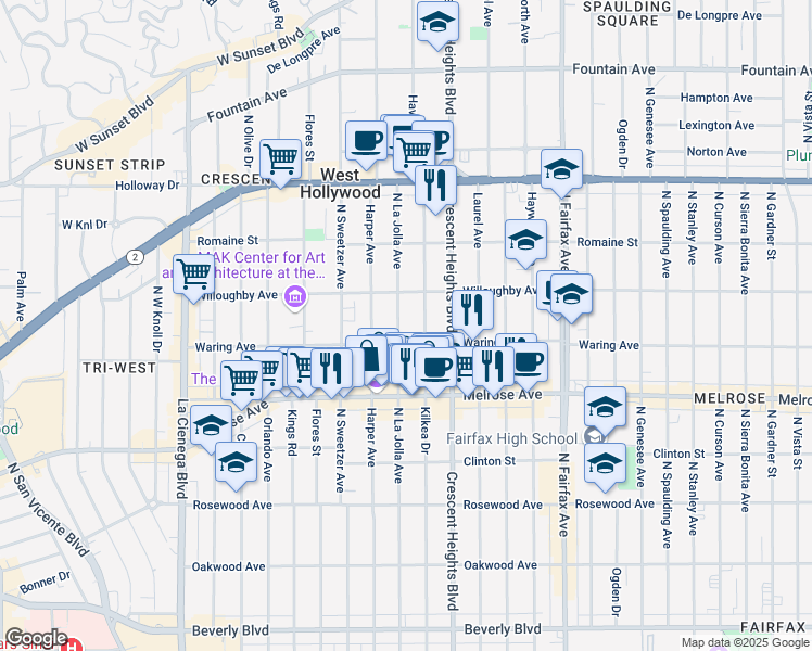 map of restaurants, bars, coffee shops, grocery stores, and more near 818 North La Jolla Avenue in Los Angeles
