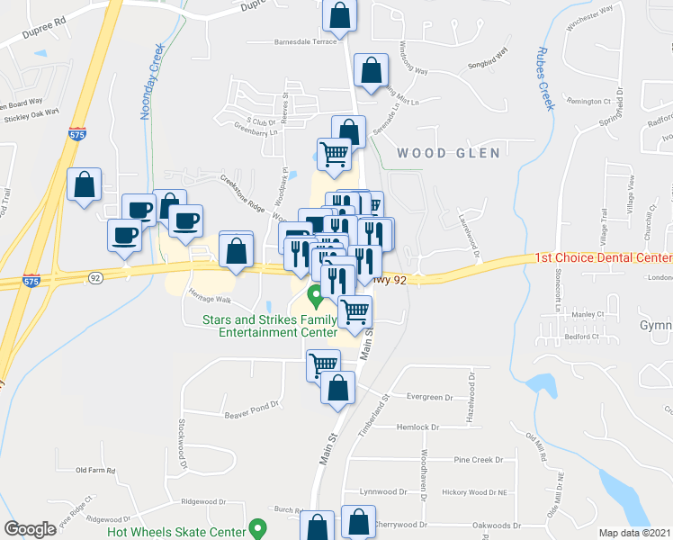 map of restaurants, bars, coffee shops, grocery stores, and more near Highway 92 in Woodstock