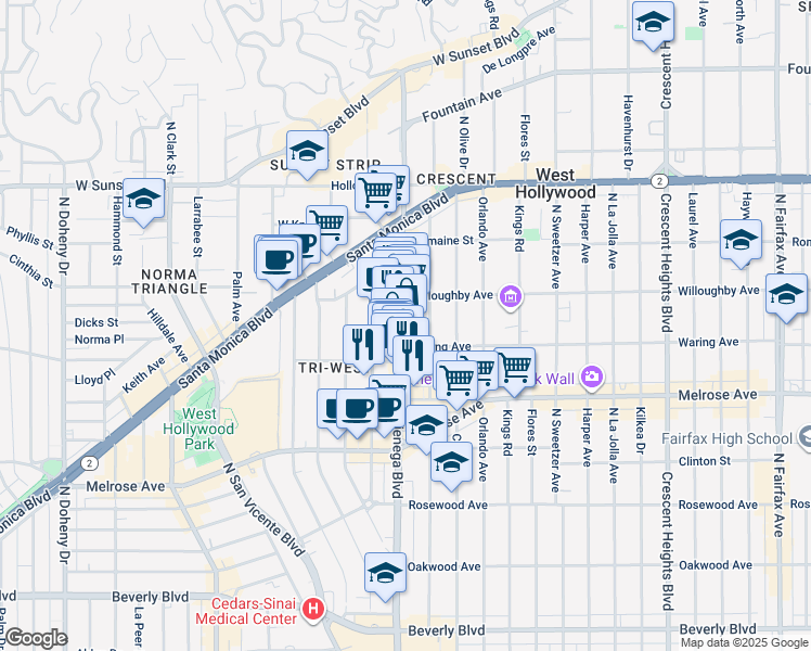 map of restaurants, bars, coffee shops, grocery stores, and more near 825 North La Cienega Boulevard in Los Angeles