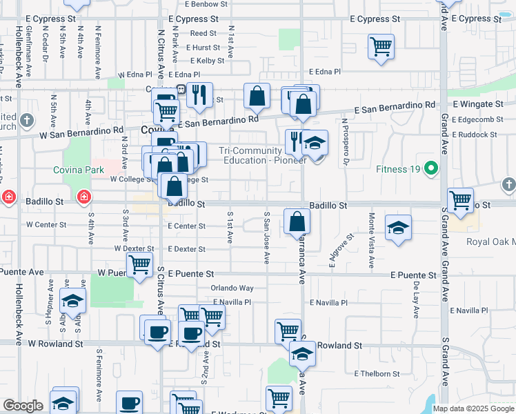 map of restaurants, bars, coffee shops, grocery stores, and more near 368 East Badillo Street in Covina
