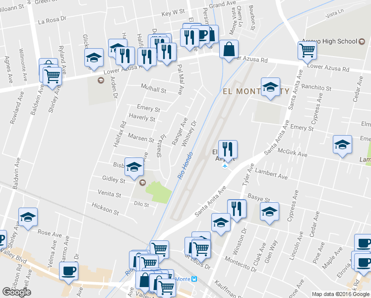 map of restaurants, bars, coffee shops, grocery stores, and more near 4508 Whitney Drive in El Monte