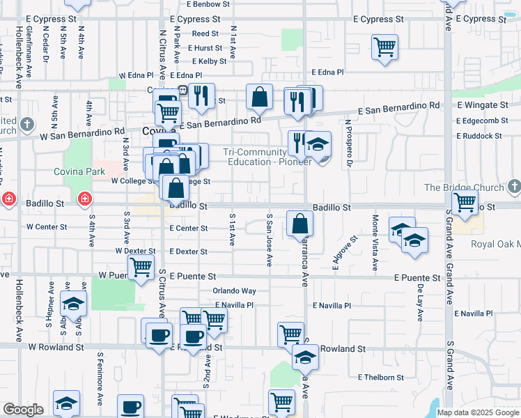 map of restaurants, bars, coffee shops, grocery stores, and more near 368 East Badillo Street in Covina