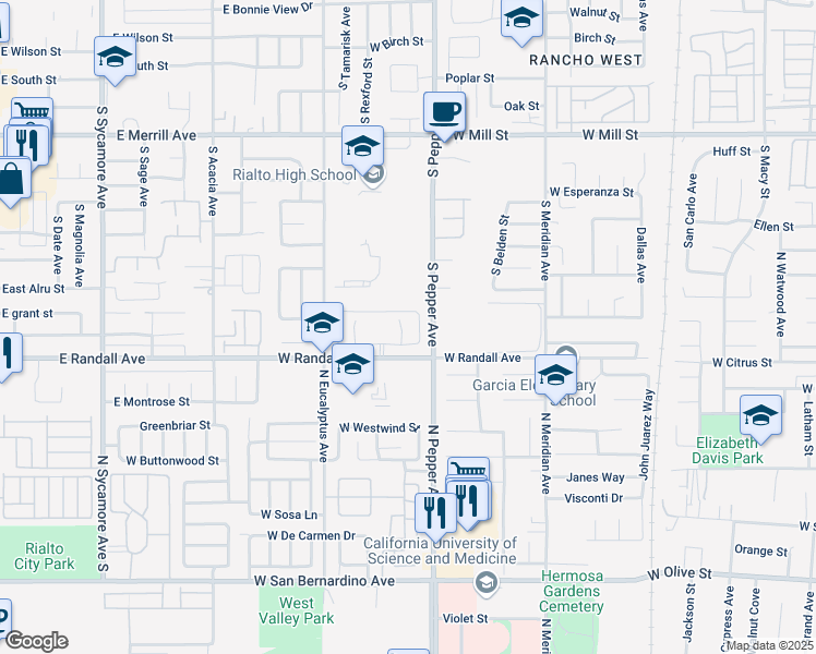 map of restaurants, bars, coffee shops, grocery stores, and more near 853 South Lamarr Street in Rialto