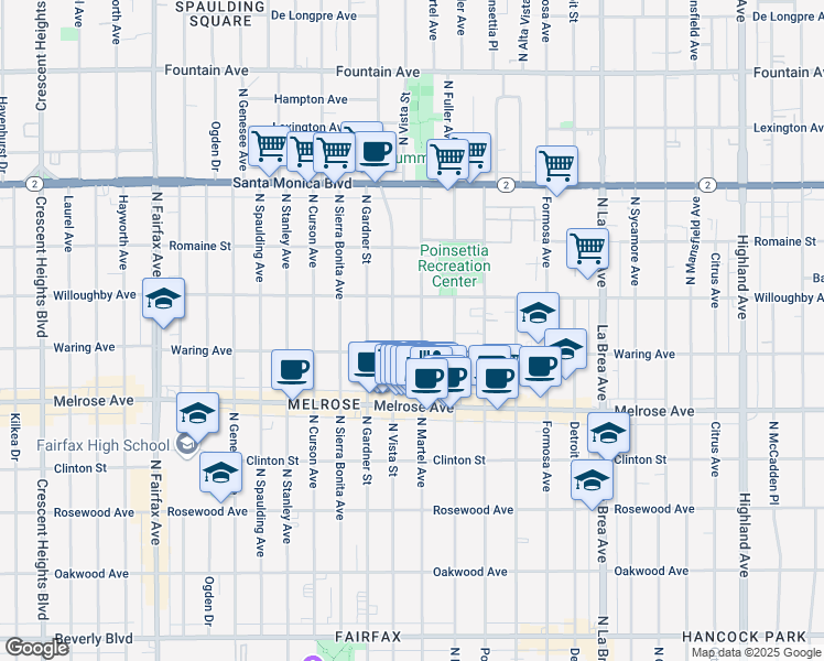 map of restaurants, bars, coffee shops, grocery stores, and more near 823 North Martel Avenue in Los Angeles