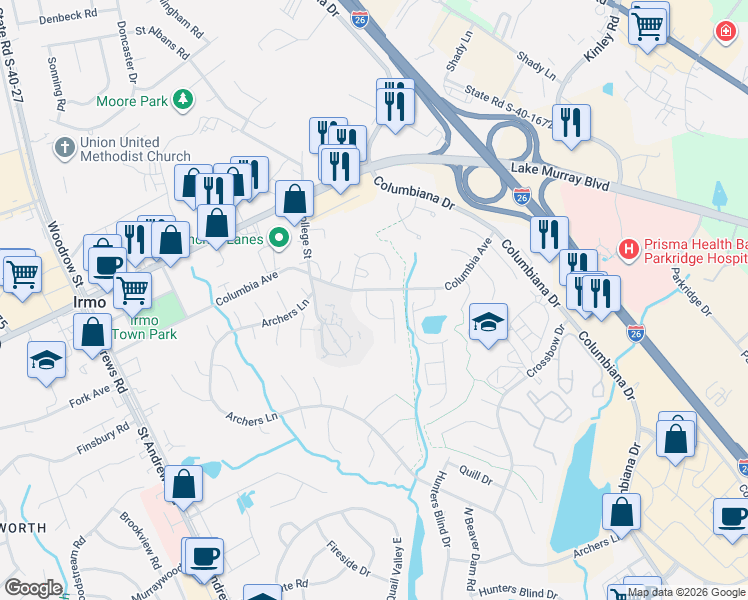 map of restaurants, bars, coffee shops, grocery stores, and more near 3 Paddock Chase in Irmo