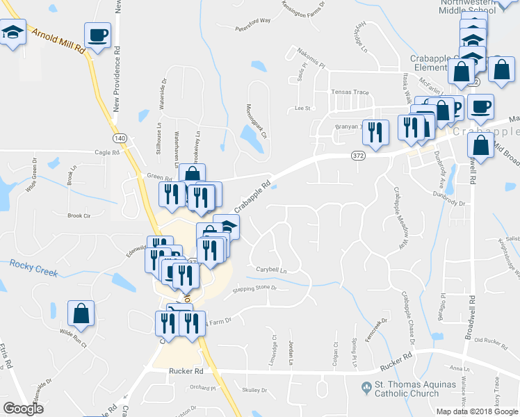 map of restaurants, bars, coffee shops, grocery stores, and more near 255 Singletree Trce in Alpharetta