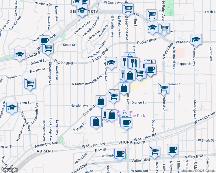 map of restaurants, bars, coffee shops, grocery stores, and more near 656 Orange Grove Avenue in Alhambra