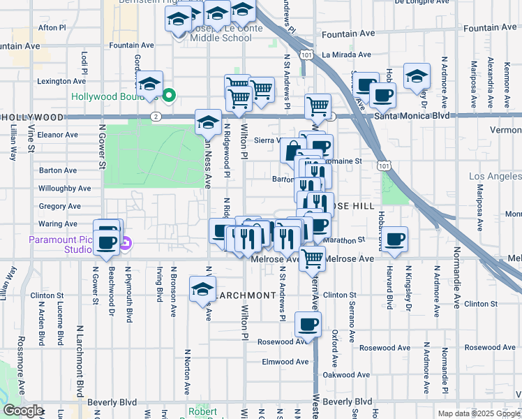 map of restaurants, bars, coffee shops, grocery stores, and more near 5433 Monroe Street in Los Angeles