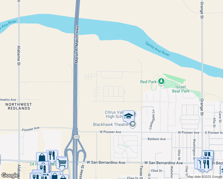 map of restaurants, bars, coffee shops, grocery stores, and more near 2069 Meyer Lane in Redlands