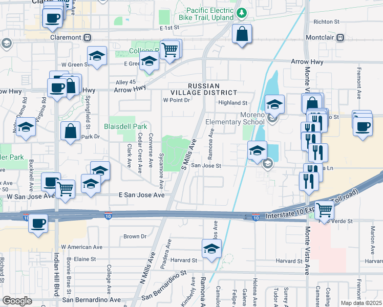 map of restaurants, bars, coffee shops, grocery stores, and more near 4424 San Jose Street in Montclair