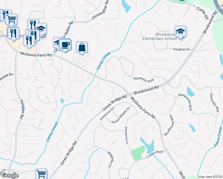 map of restaurants, bars, coffee shops, grocery stores, and more near 570 Oxford Close in Alpharetta