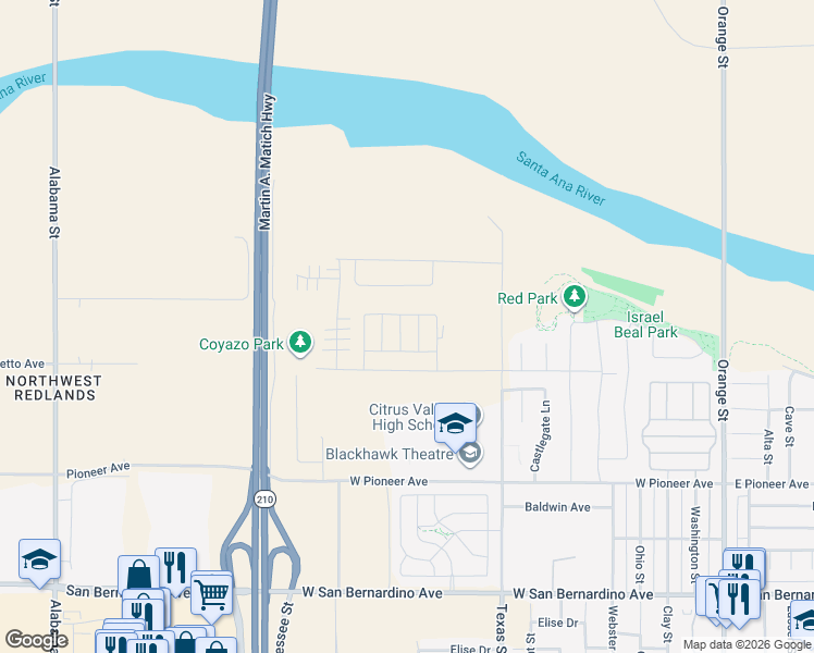 map of restaurants, bars, coffee shops, grocery stores, and more near 2070 Meyer Lane in Redlands