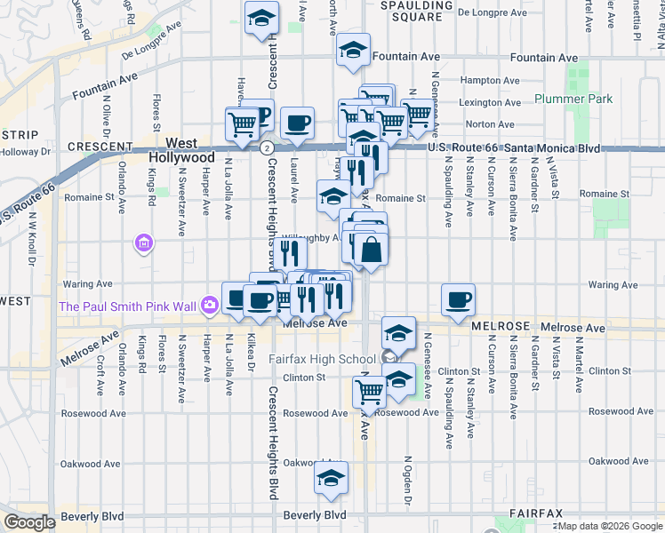 map of restaurants, bars, coffee shops, grocery stores, and more near 817 North Hayworth Avenue in Los Angeles
