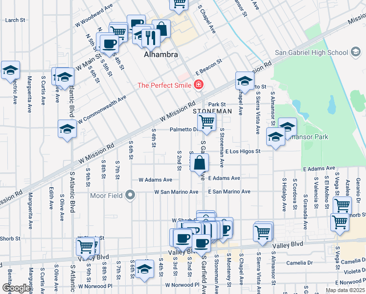 map of restaurants, bars, coffee shops, grocery stores, and more near 900 South 2nd Street in Alhambra