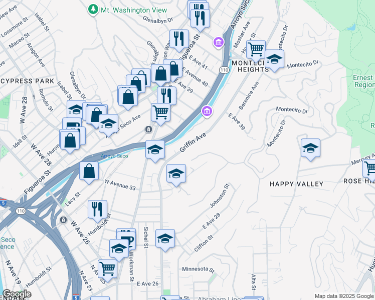 map of restaurants, bars, coffee shops, grocery stores, and more near 3580 Griffin Avenue in Los Angeles