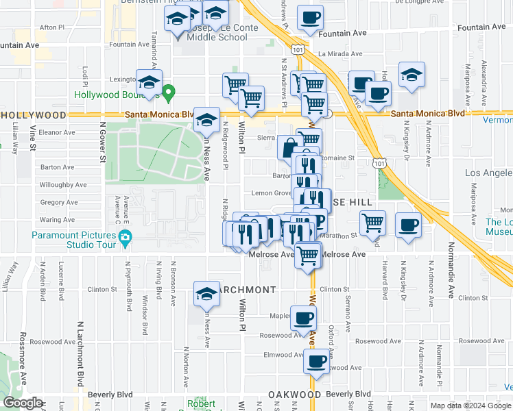 map of restaurants, bars, coffee shops, grocery stores, and more near 5437 Monroe Street in Los Angeles