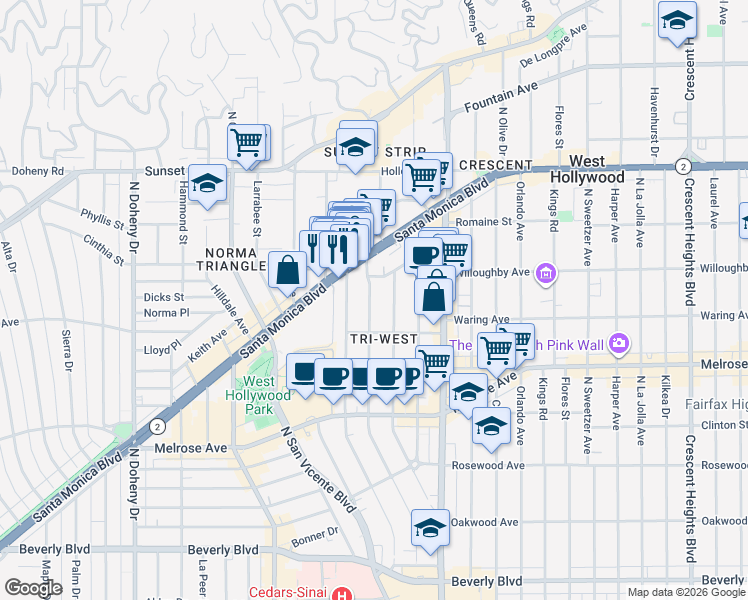 map of restaurants, bars, coffee shops, grocery stores, and more near 836 Westbourne Drive in West Hollywood