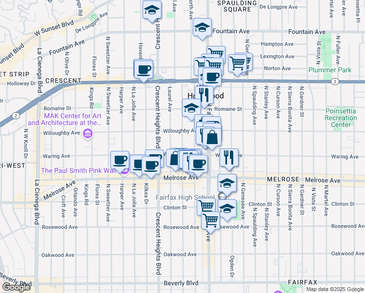 map of restaurants, bars, coffee shops, grocery stores, and more near 833 North Edinburgh Avenue in Los Angeles