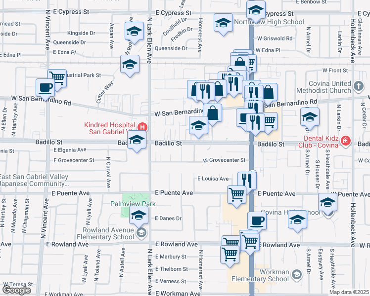 map of restaurants, bars, coffee shops, grocery stores, and more near 110 South Waterbury Avenue in Covina