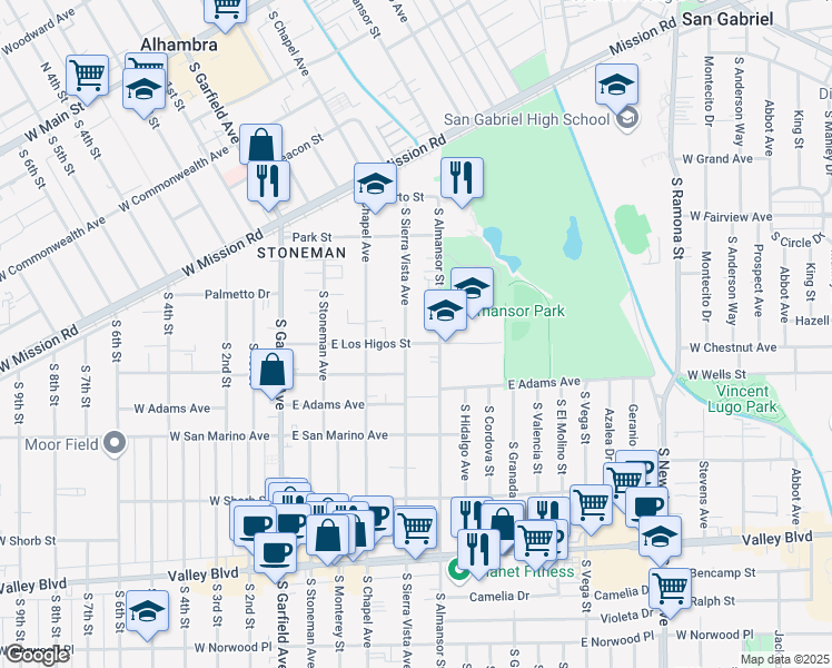 map of restaurants, bars, coffee shops, grocery stores, and more near 836 South Sierra Vista Avenue in Alhambra